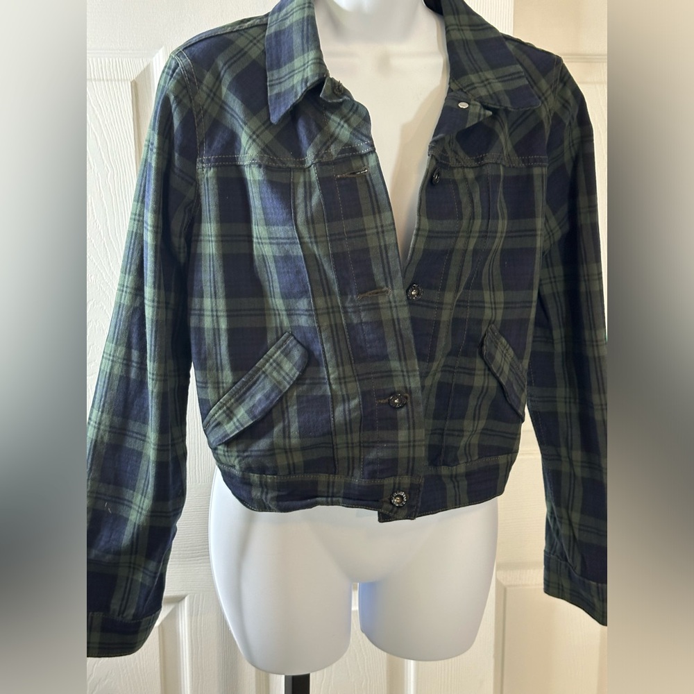 Women’s Levi’s plaid denim jacket button front SZ M navy & green color